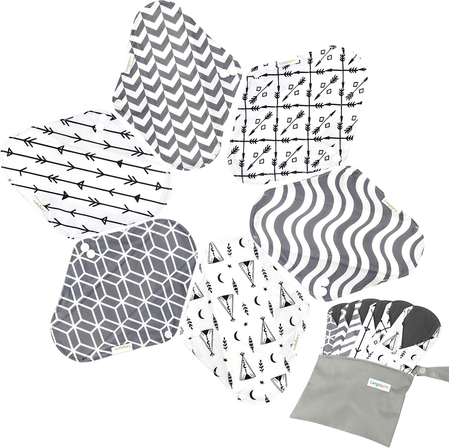 7pcs Set 1 pc Mini Wet Bag +6pcs Absorbent Reusable Sanitary Pads/Washable Cloth Menstrual Pads (L,Grey)