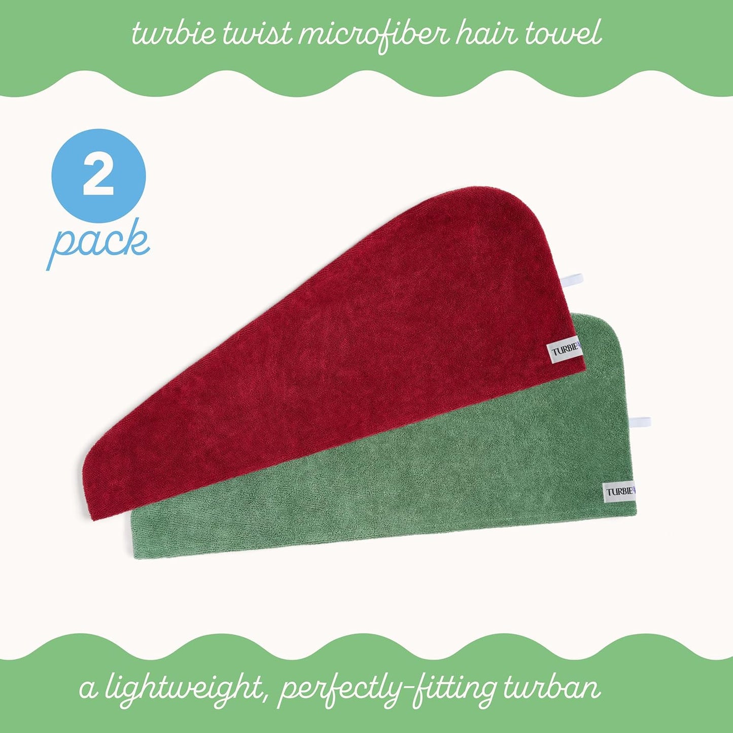 Turbie Twist 2-Pack Microfiber Hair Towel for Beauty, Travel, Gifting - Hair Wrap Turban for Straight, Wavy & Curly Hair - Premium Personal Care - Green & Red