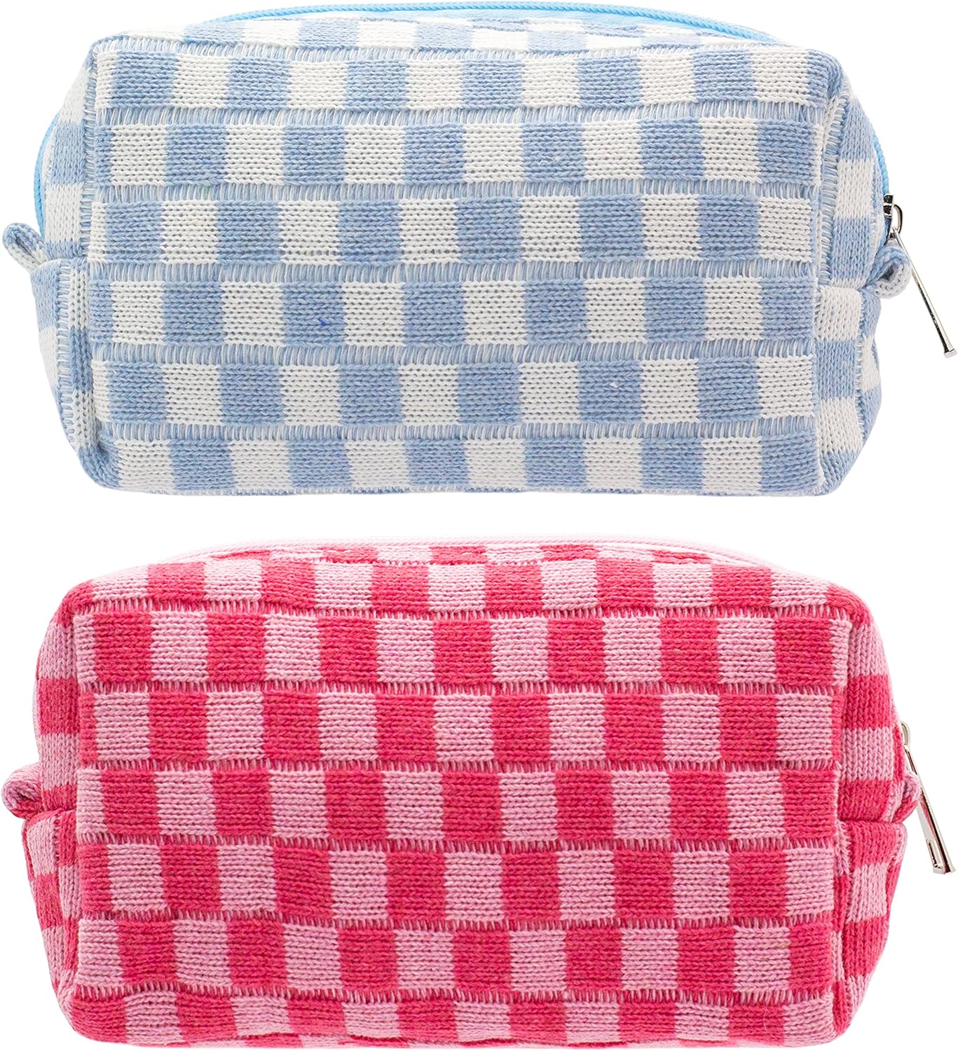 PAZIMIIK Checkered Makeup Bag for Purse Portable Zipper Make Up Pouch Small Cosmetic Case for Travel Accessories (2PCS Blue Hotpink)