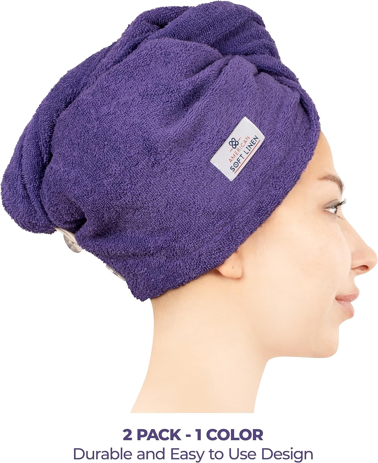 American Soft Linen 100% Cotton Hair Towel Cap and Wrap for Long Curly Anti Frizz Hair, Absorbent 2 Pack, Purple