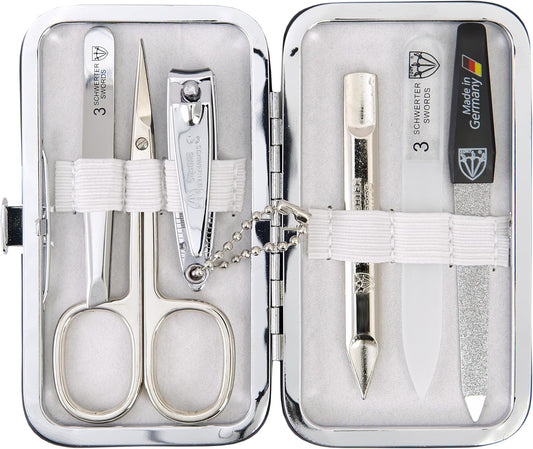 3 Swords Germany - Brand Quality 6 Piece Manicure Pedicure Grooming kit Set - Scissors, Metal and Glass Nail File, Clipper, Tweezers with Synthetic Leather case - White