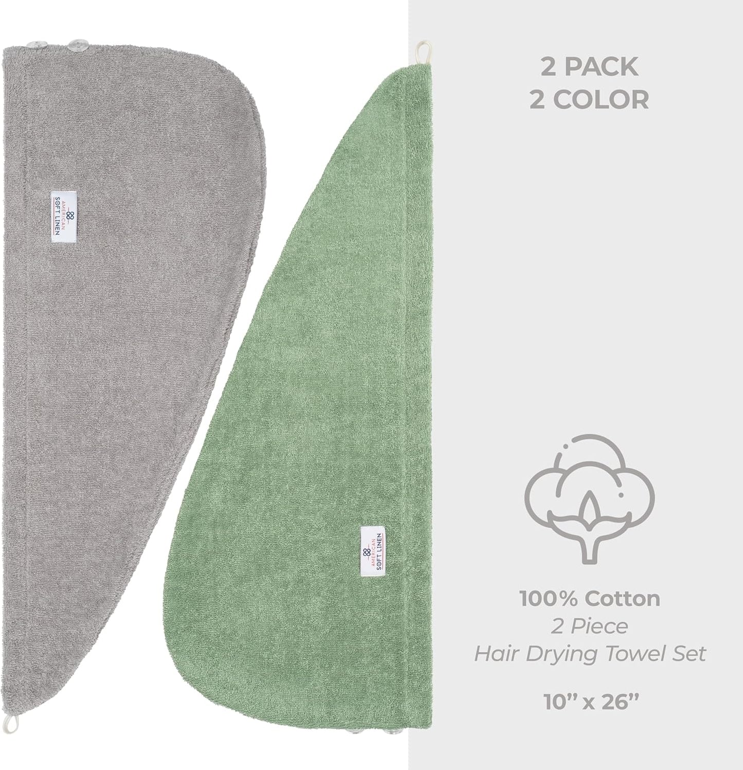 American Soft Linen 100% Cotton Hair Towels for Women, Head Towel Cap, Cotton Hair Turban Towel Wrap for Hair, Soft and Absorbent Cotton Hair Towels 2 Pack, Sage Green-Light Gray