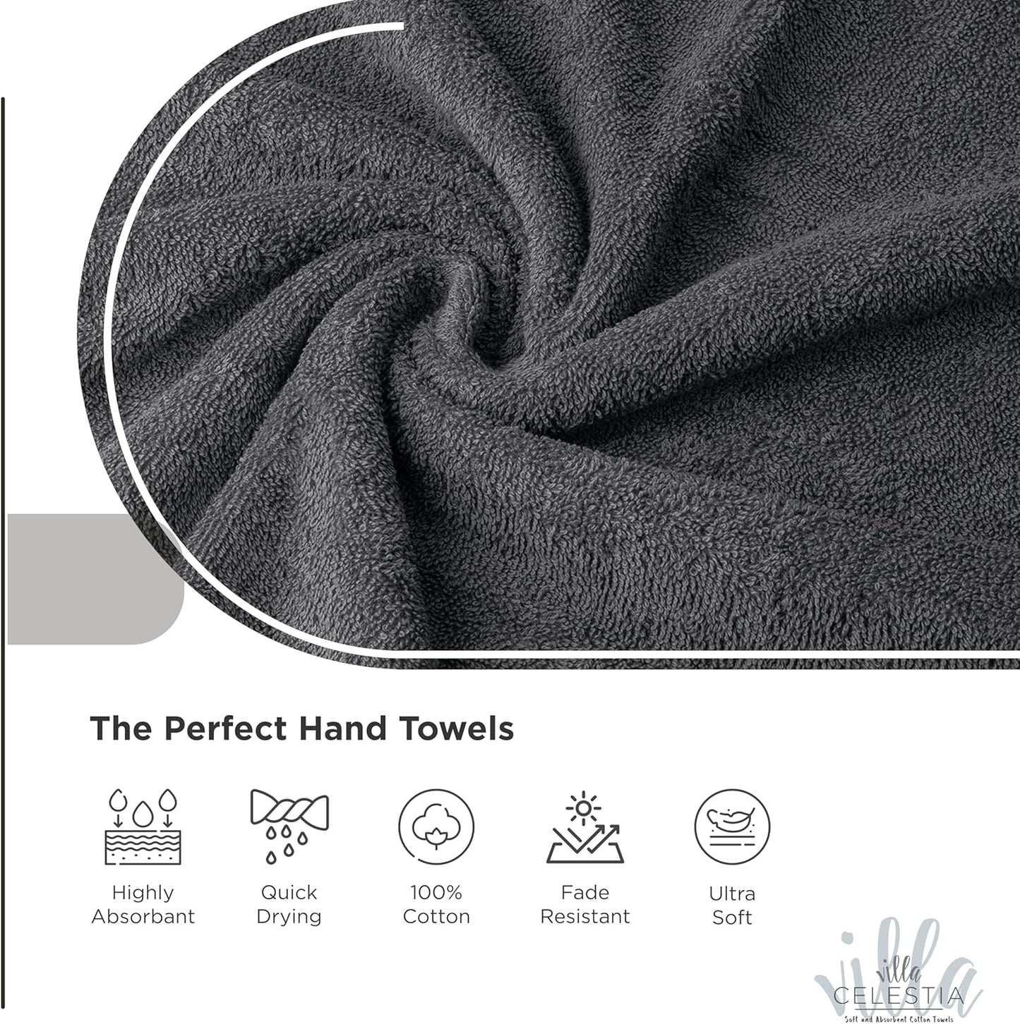 100% Cotton Hand Towel Set of 2, (16 x 28 inches) Sustainable, Soft, Highly Absorbent, Quick Drying, Combed Cotton Hand Towels Pack of 2 Ideal for Hotels, Spa, Bathroom, Dorm, Grey