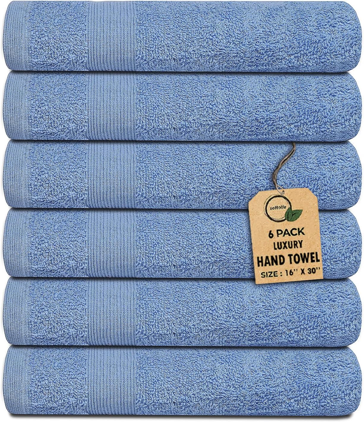 Premium Hand Towels Pack of 6 (16" x 30”) 100% Combed Ring Spun Cotton | Highly Absorbent Hand Towels Set | Ultra Soft for Home, Gym & Spa (Sky Blue)