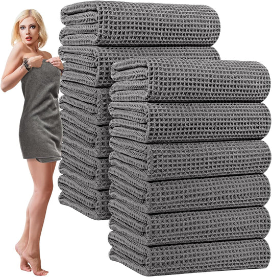 12 Pack Microfiber Bath Towels Bulk 27'' x 60'' Oversized Size Bath Towel Highly Absorbent Extra Large Soft Drying for Shower Beach Salon Winter Sport Spa Gym (Waffle,Grey)