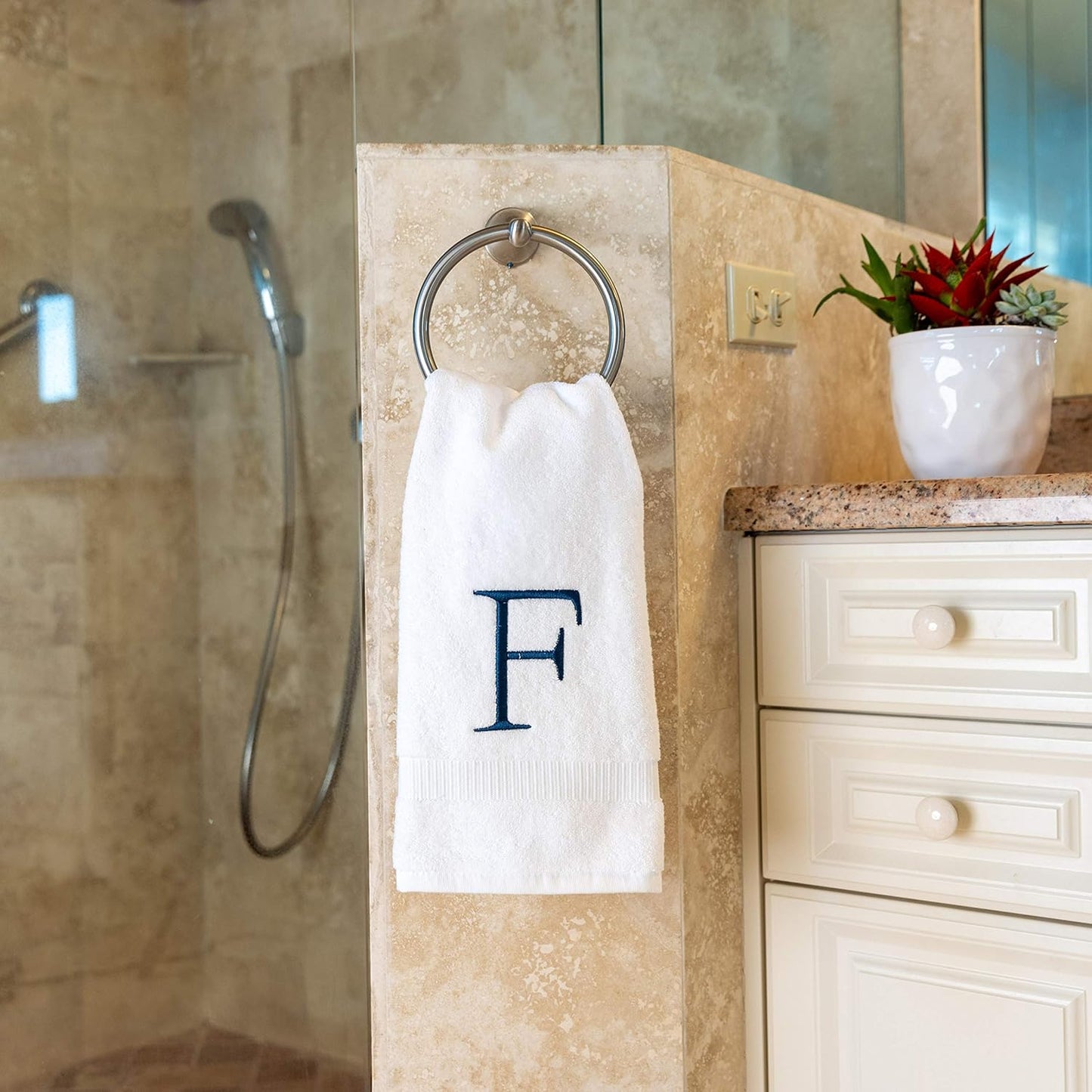 Monogrammed Hand Towels for Bathroom - Luxury Hotel Quality Personalized Initial Decorative Embroidered Bath Towel for Powder Room, Spa - GOTS Organic Certified - Set of 2 Navy Letter F