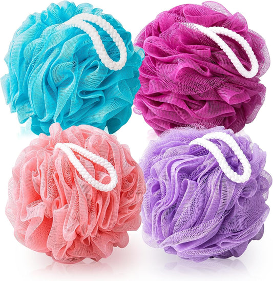 Loofah for Women 75g 4 Pack, Bath Sponge Soft Mesh Shower Puff Loofah Sponge, Exfoliating Body Scrubber, lufas for Women, Shower Accessories (Purple Red Pink Blue)