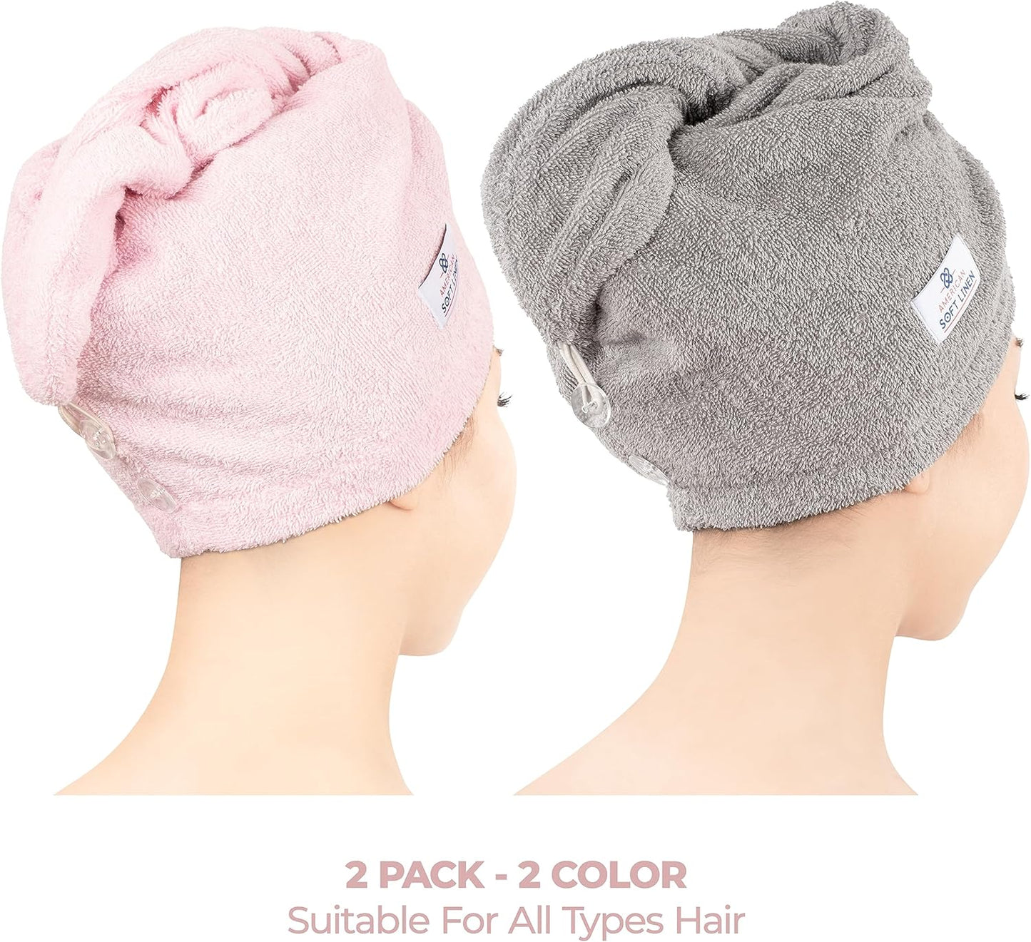 American Soft Linen 100% Cotton Head Towel Cap, Women's Anti Frizz Hair Wrap, Absorbent Cotton Towels 2 Pack, Light Grey-Pink