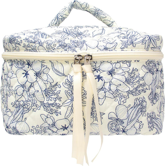 PAZIMIIK Quilted Makeup Bag Large Travel Zipper Soft Cosmetic Case for Women Girls Make Up,Flower White