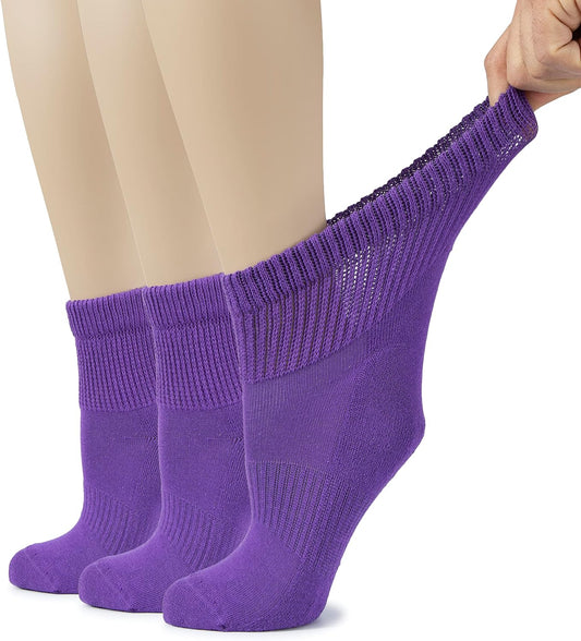 Hugh Ugoli Women's Cotton Diabetic Ankle Socks, Wide, Loose, Stretchy, Seamless Toe, Non Binding Top Semi Cushion, 3-6 Pairs