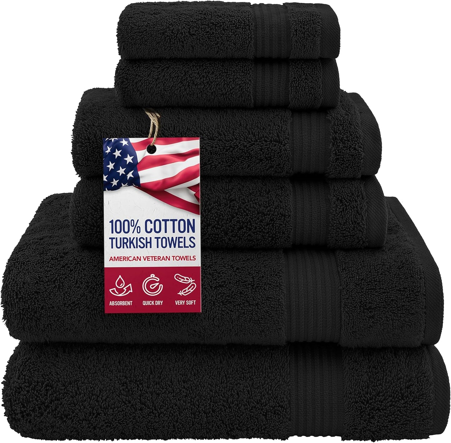 American Veteran Towel, 100% Cotton Turkish 6 Piece Towel Set, Luxury Towels Set of 6 for Bathroom Essentials, 2 Bath Towels 2 Hand Towels 2 Washcloths, Black