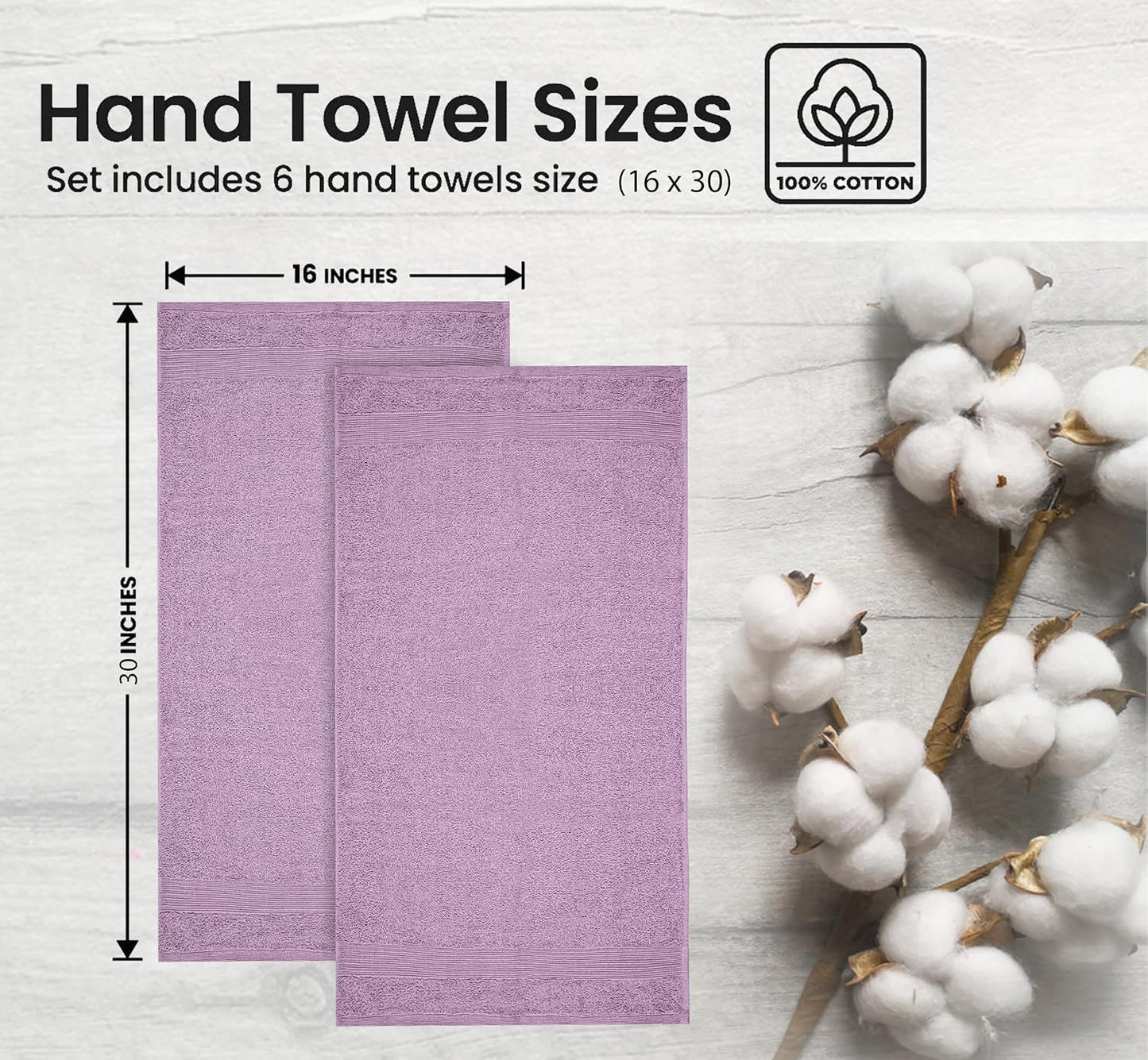 Premium Hand Towels Pack of 6 (16" x 30”) 100% Combed Ring Spun Cotton | Highly Absorbent Hand Towels Set | Ultra Soft for Home, Gym & Spa (Purple Ash)