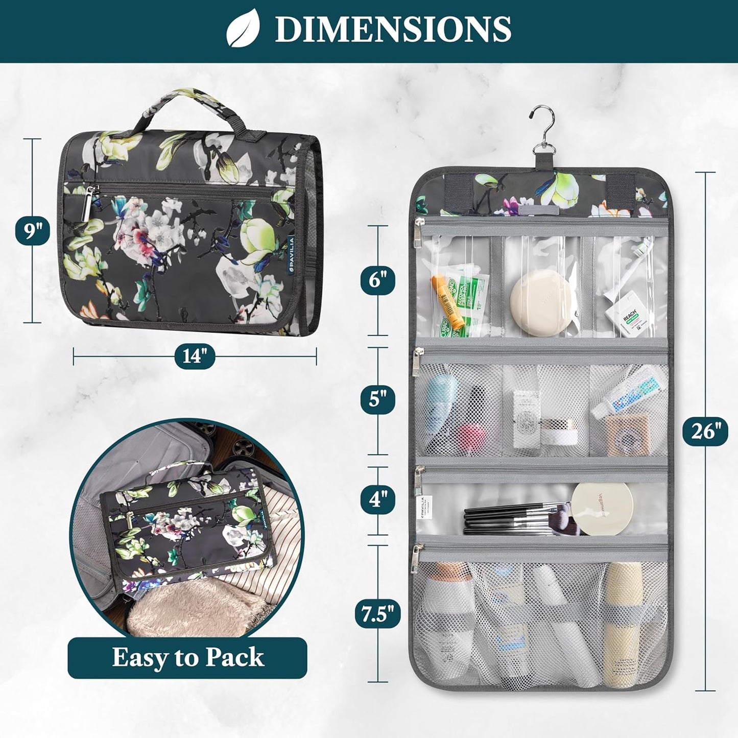 PAVILIA Hanging Toiletry Bag Women Men, Travel Kit Foldable Large Toiletries Organizer, Roll up Cosmetics Makeup Bag Accessories, Waterproof Essentials Jewelry Case (Floral Grey)