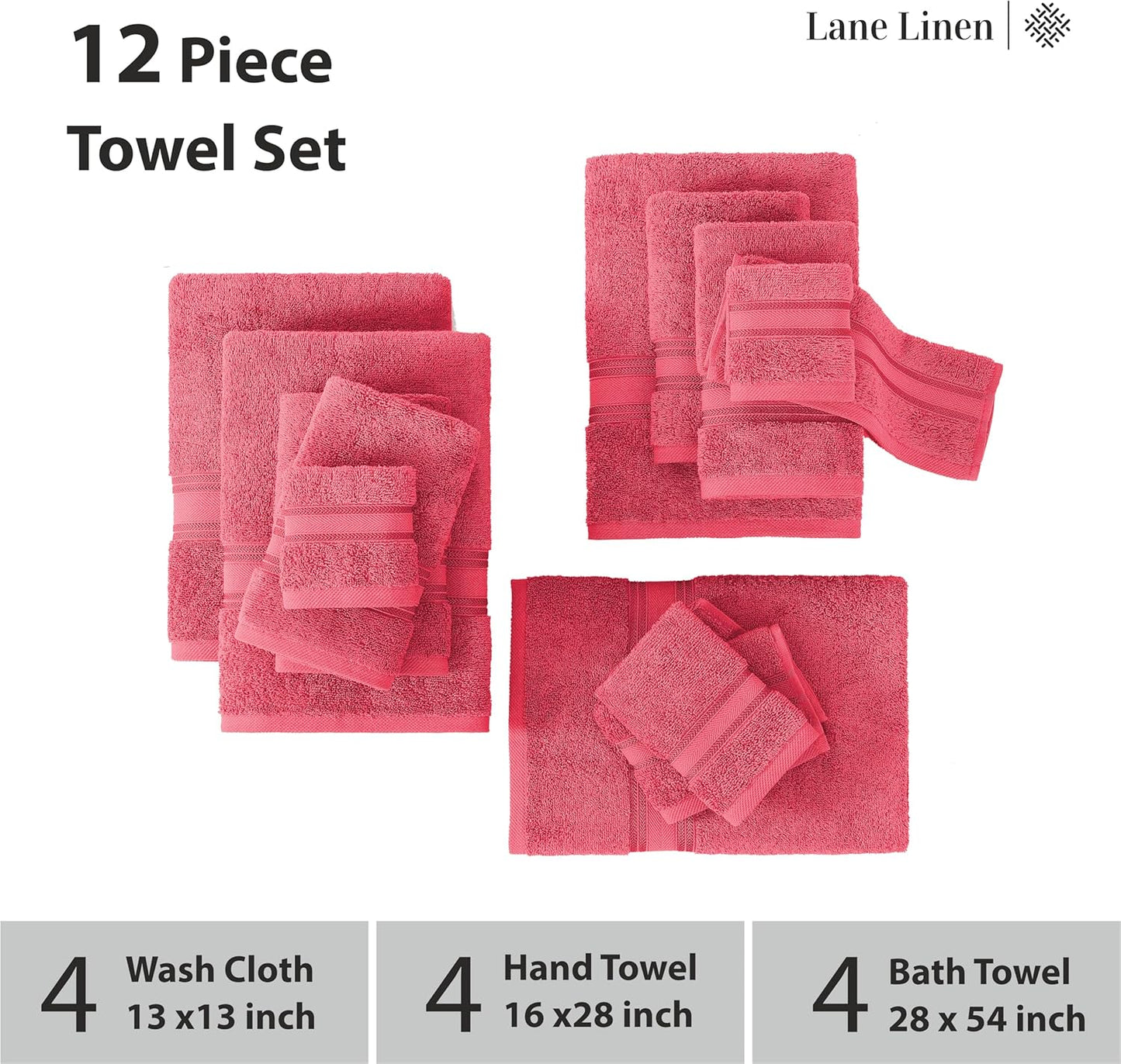 LANE LINEN Luxury Bath Towels Set - 12 Pieces, 100% Cotton Bathroom Towels, Zero Twist, Quick Dry Absorbent Bath Towel, Super Soft Gym Towel, 4 Bath Towels, 4 Hand Towels, 4 Wash Cloths - Honeysuckle