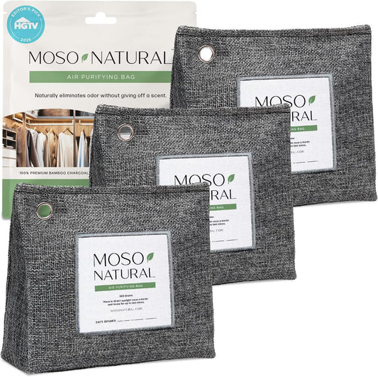 Moso Natural Air Purifying Bag 300g (10.58oz) Premium Bamboo Charcoal Odor Absorber for Home & Pet | Closet Odor Eliminator & Small Room Deodorizer | Charcoal Bags Last 2 Years | Unscented (3 Pack)