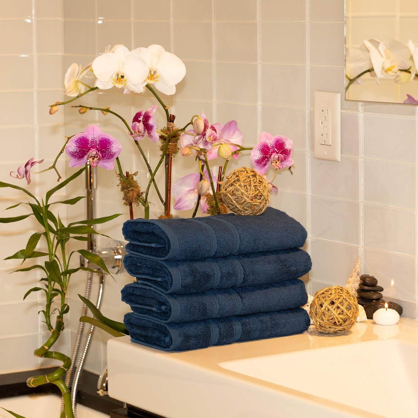 Mosobam Luxury Turkish Set of 4 Hand Towels 16X30 Navy Blue 700 GSM Bamboo Viscose & Aegean Turkish Combed Cotton