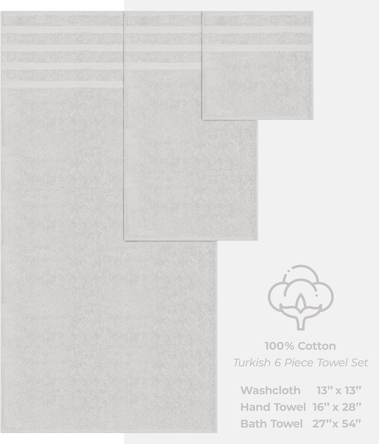 American Soft Linen Luxury 6 Piece Towel Set, 2 Bath Towels 2 Hand Towel 2 Washcloths, 600 GSM 100% Cotton Turkish Towels for Bathroom, Silver Grey Towel Sets