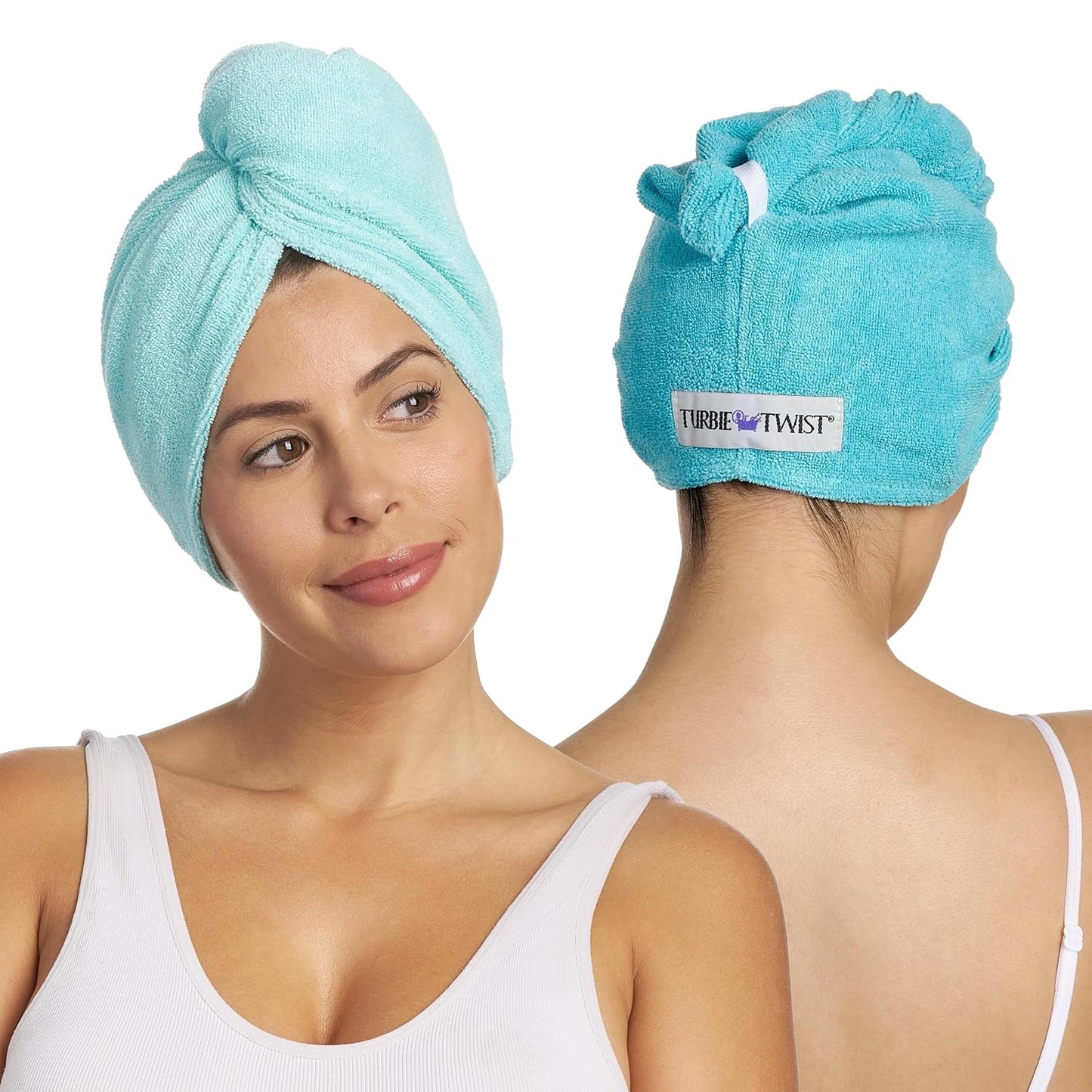Turbie Twist 2-Pack Microfiber Hair Towel for Beauty, Travel, Gifting - Hair Wrap Turban for Straight, Wavy & Curly Hair - Premium Personal Care - Dark Aqua & Light Aqua