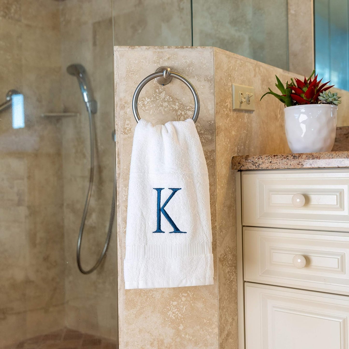 Monogrammed Hand Towels for Bathroom - Luxury Hotel Quality Personalized Initial Decorative Embroidered Bath Towel for Powder Room, Spa - GOTS Organic Certified - Set of 2 Navy Letter K