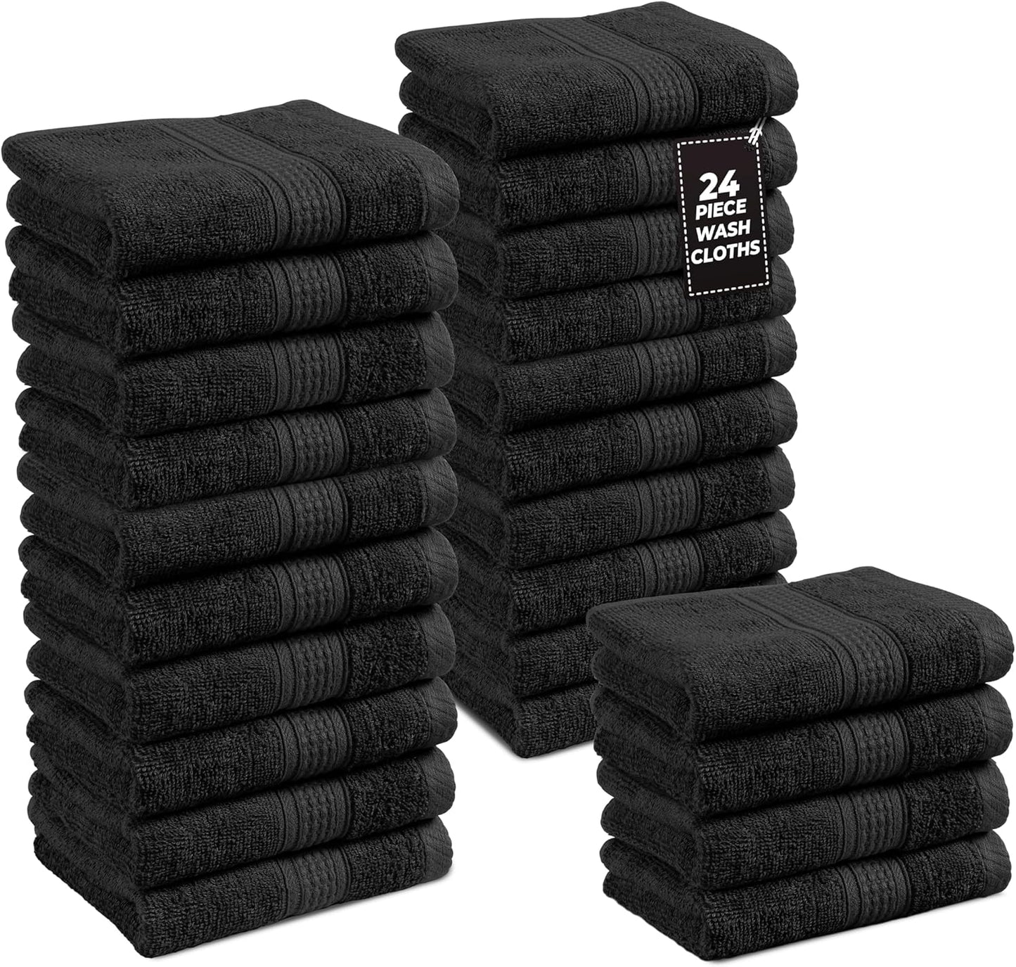 LANE LINEN 100% Cotton Washcloths 24 Pack - Spa & Salon Quality Face Towels - Ring Spun, Soft & Absorbent Wash Cloths for Body, Beauty, Home, Gym - Fingertip Towels Set- 13"x13", Black Washcloths