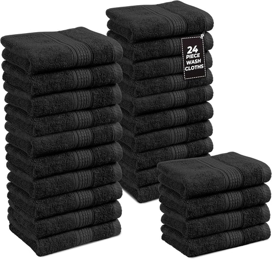 LANE LINEN 100% Cotton Washcloths 24 Pack - Spa & Salon Quality Face Towels - Ring Spun, Soft & Absorbent Wash Cloths for Body, Beauty, Home, Gym - Fingertip Towels Set- 13"x13", Black Washcloths