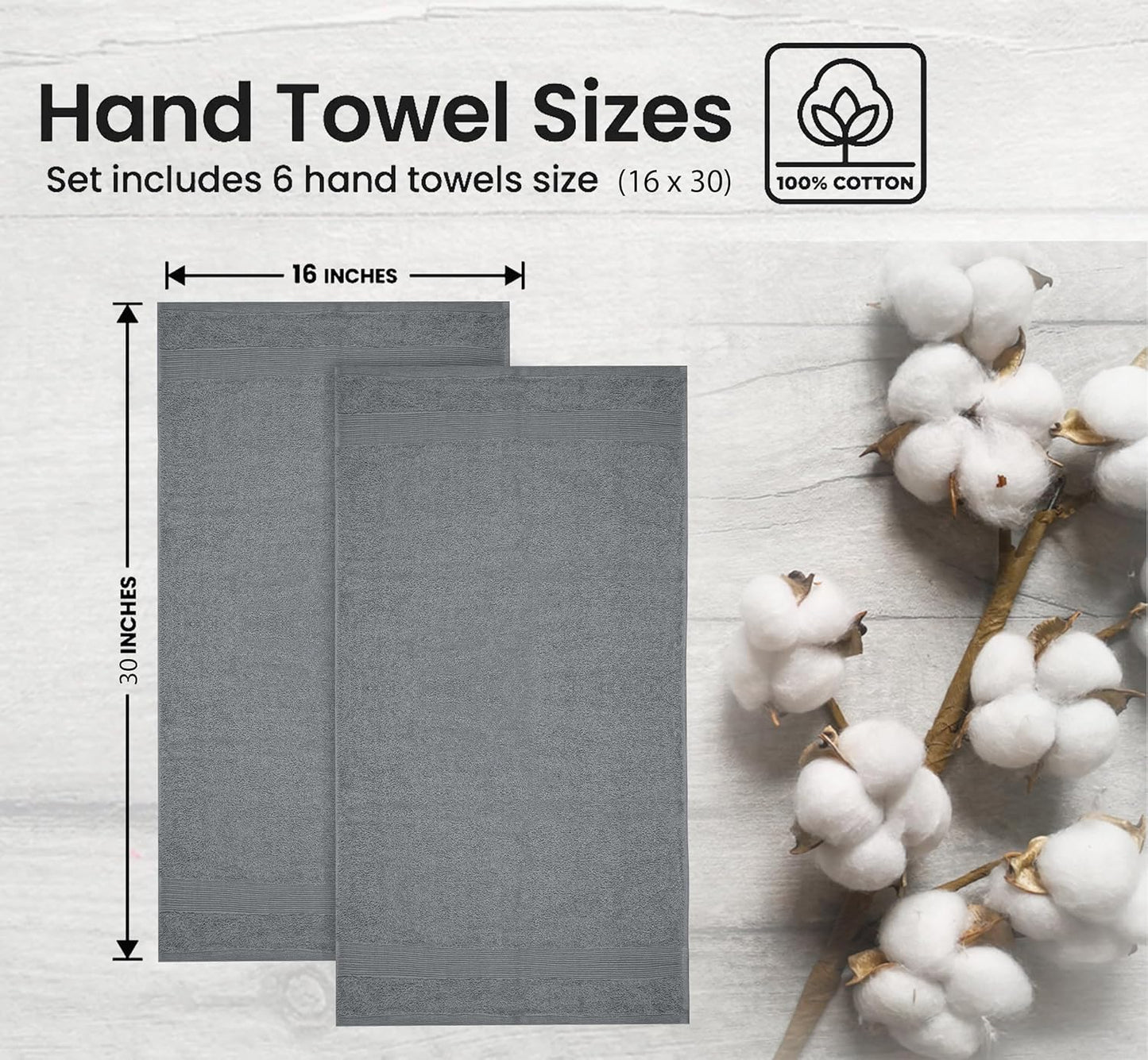 Premium Hand Towels Pack of 6 (16" x 30”) 100% Combed Ring Spun Cotton | Highly Absorbent Hand Towels Set | Ultra Soft for Home, Gym & Spa (Silver Grey)