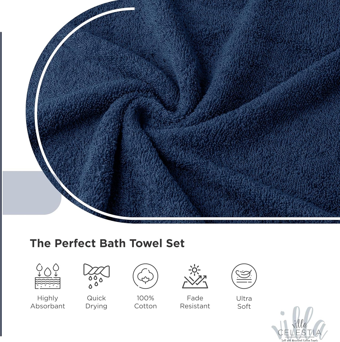 100% Cotton Bath Towel Set of 18-4 Bath Towels, 6 Hand Towels, 8 Wash Cloths, Sustainable, Soft, Highly Absorbent, Combed Cotton 18 Piece Set for Hotels, Spa, Bathroom, Dorm, Navy Blue