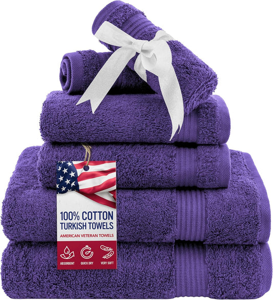 American Veteran Towel, 6 Piece Towel Set for Bathroom, 100% Cotton Turkish Bathroom Towels, 2 Bath Towels 2 Hand Towels 2 Washcloths, Purple