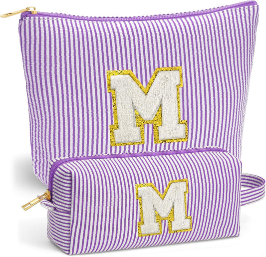Initial Cosmetic Bag Set - Travel Bag Makeup Pouch, Makeup Bag with Zipper Make up Kit Preppy Stuff Stocking Stuffers Birthday Gifts for Women Travel Essentials Travel Bag, Purple Letter M