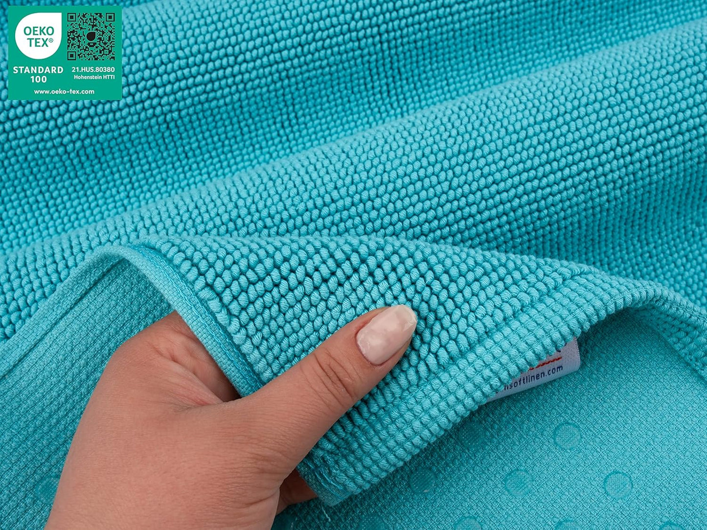 American Soft Linen Bath Rug, 20 in 34 in 100% Cotton Bath Mats Rugs for Bathroom, Slip Reducer Washable Shaggy Form Area Rugs, Turquoise Blue Bath Rug