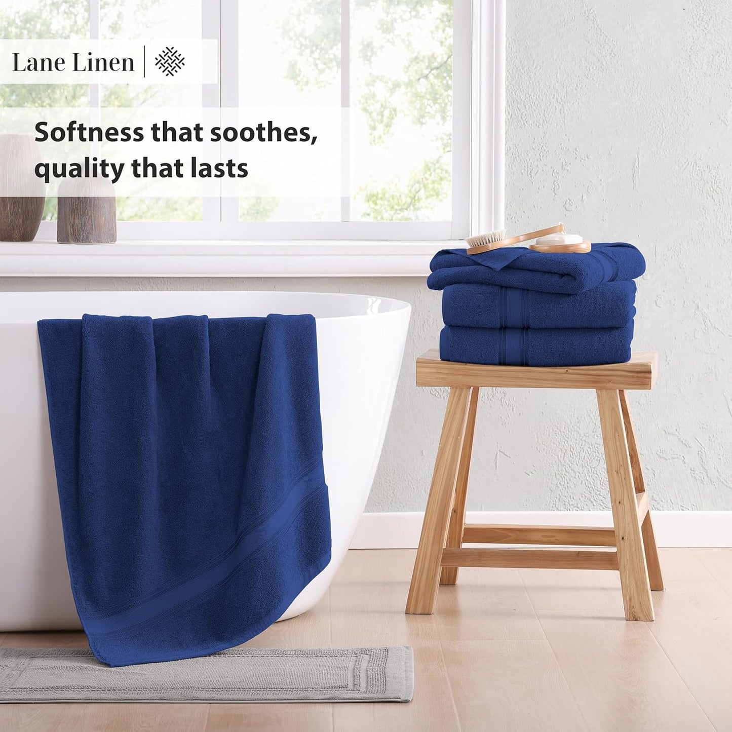 LANE LINEN 100% Cotton 4 Pack Bath Towels (28"x54") - Zero Twist, Mercerized Cotton Towels Set for Bathroom - Quick Dry, Soft & Absorbent Large Bath Towel Set - Dorm Essentials for Boys - Navy Blue