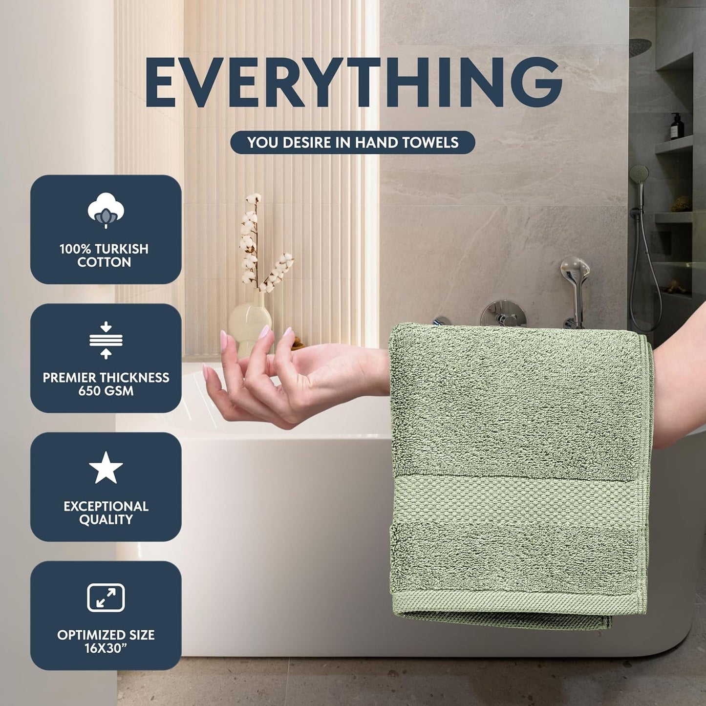 White Classic Luxury Light Green Hand Towels - Soft 100% Turkish Cotton | Highly Absorbent Hotel spa Bathroom Towel Collection | 16x30 Inch | Set of 6