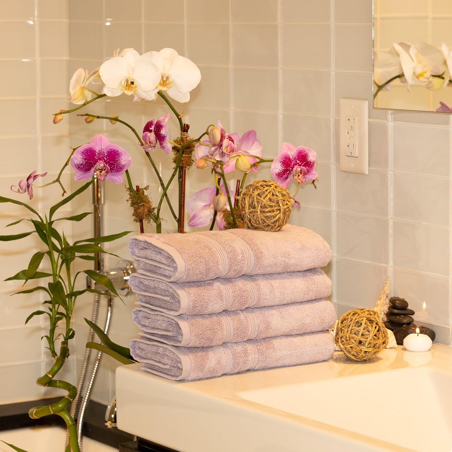 Mosobam Luxury Turkish Set of 4 Hand Towels 16X30 Lavender Aura 700 GSM Bamboo Viscose & Aegean Turkish Combed Cotton