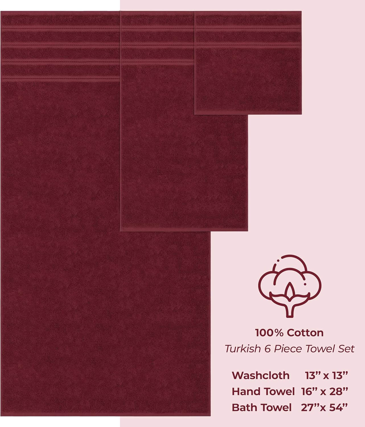 American Soft Linen Luxury 6 Piece Towel Set, 2 Bath Towels 2 Hand Towel 2 Washcloths, 600 GSM 100% Cotton Turkish Towels for Bathroom, Bordeaux Red Towel Sets