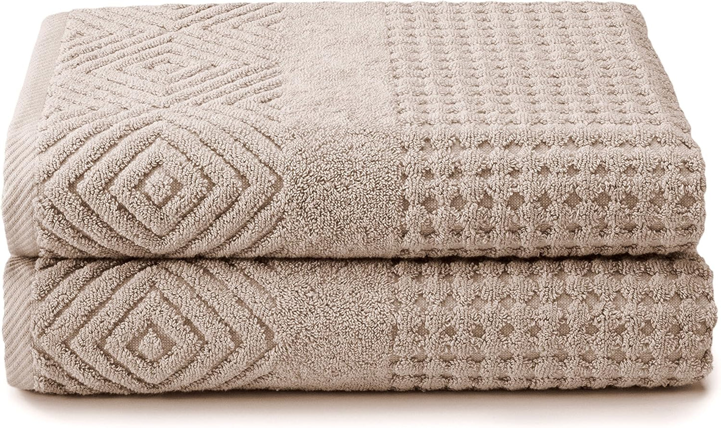 Texere 100% Organic Cotton Diamond Jacquard 700 GSM Luxury Bath Towel Sets - Ultra Soft and Absorbent Hotel and Spa Quality (Diamond, Oxford Tan, 2 Bath Towels)