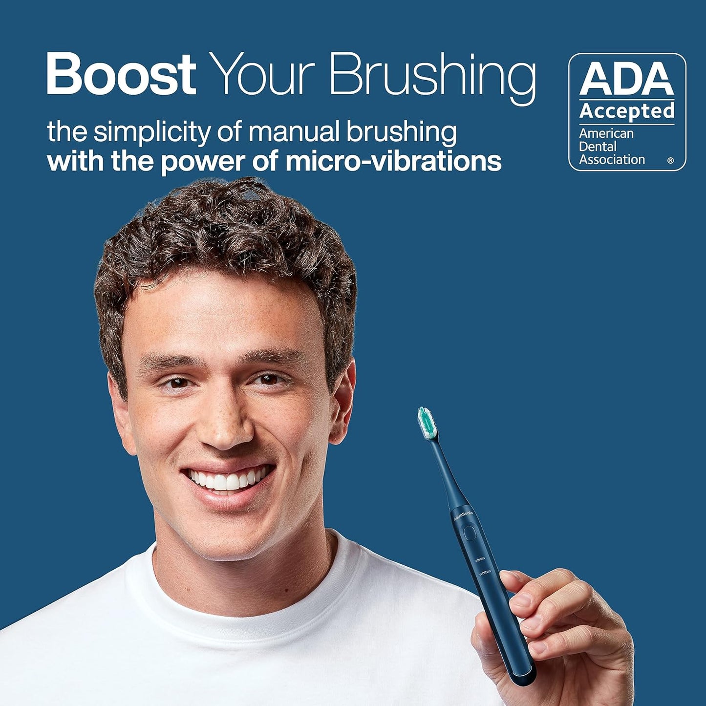 Aquasonic Icon ADA-Accepted Rechargeable Toothbrush | Magnetic Holder & Slim Travel Case | 2 Brushing Modes & Smart Timers | Gentle Micro-Vibrations (Navy)