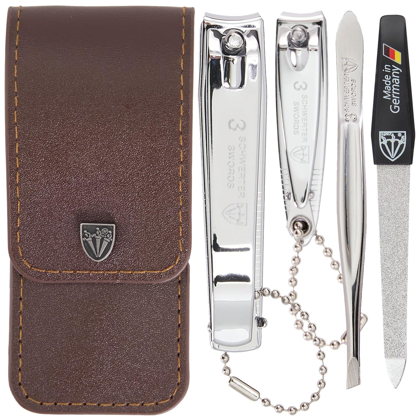 3 Swords Germany - Brand Quality 4 Piece Manicure Pedicure Grooming kit Set for Professional Finger & Toe Nail Care Tweezers File Clipper Brown Synthetic Leather case - Made by 3 Swords