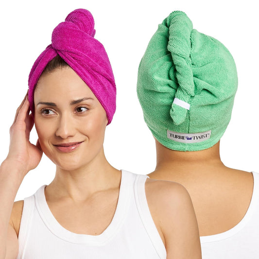 Turbie Twist 2-Pack Microfiber Hair Towel for Beauty, Travel, Gifting - Wrap Turban for Straight, Wavy & Curly Hair - Premium Personal Care - Kelly Green & Wild Aster