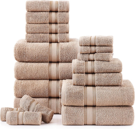 LANE LINEN 100% Cotton 18 Piece Bath Towel Set - Zero Twist, Quick Dry, Highly Soft & Absorbent - 6 Bath, 6 Washcloths, 6 Hand Towels - Oeko Tex Certified Hotel Quality Bathroom Towel Set - Taupe