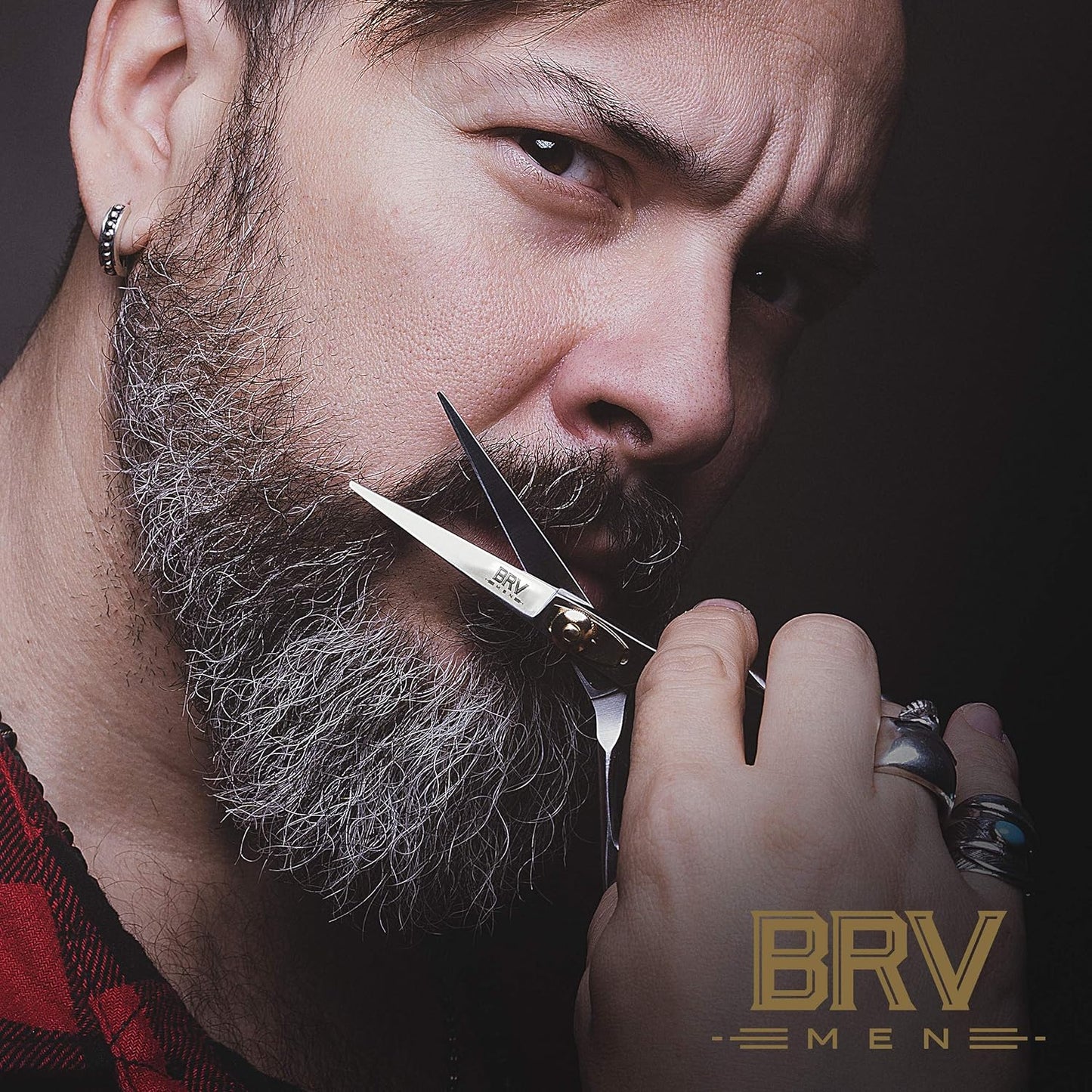 BRV MEN Professional Mustache & Beard Trimming Scissors - 5.5" | High Carbon Stainless Steel & Hammer Forged Mustache Scissors | Razor Sharp Facial Hair Trimming Shears (RIGHT HANDED - Silver)