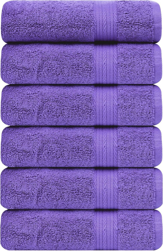 Ample Decor Bathroom Hand Towels 18 X 28 Inch 600 GSM 100% Cotton, Soft Absorbent - 6 Pcs Purple